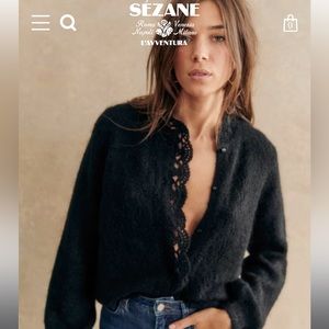 Sezane Black Angie Cardigan mohair lace collar new XXS